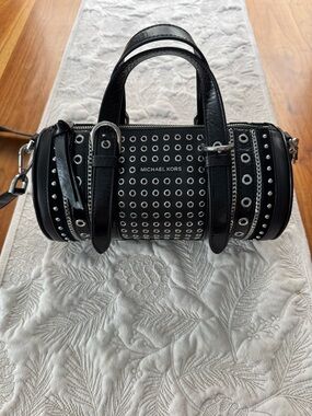 Michael Kors Black Grommet-Embellished Mini Barrel Satchel